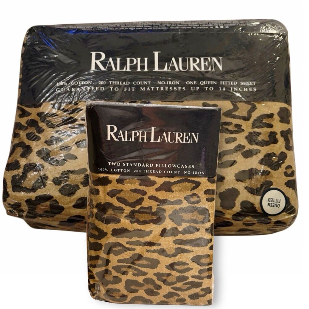 Ralph Lauren Aragon Neutral Guinevere Leopard Queen Fitted Sheet & 2 Pillowcases